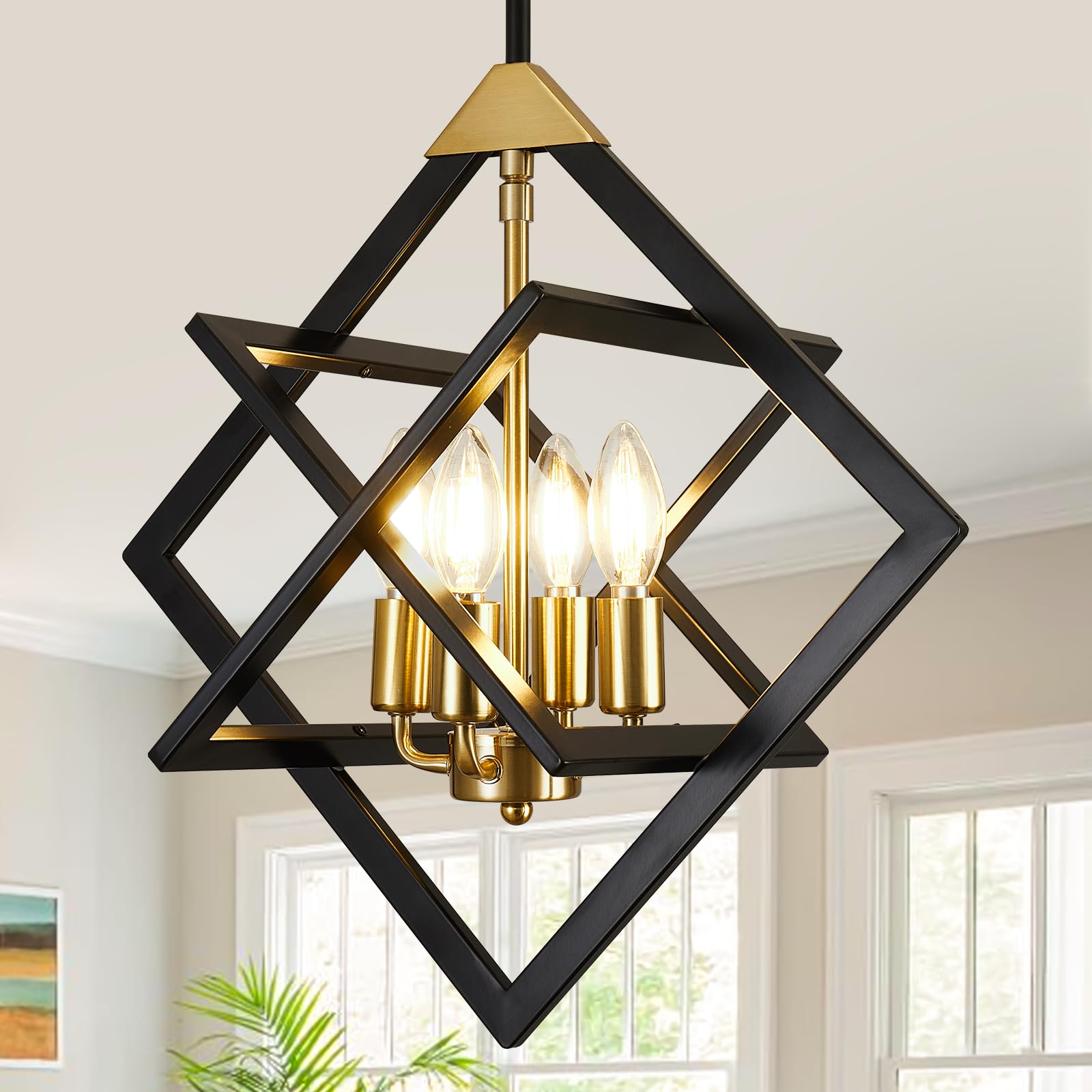 Photo 1 of 18" Farmhouse Chandelier, 4-Light Geometric Ceiling Dining Room Fixture, Modern Industrial Foyer Lighting Fixtures, Black and Gold Hanging Pendant Lights for Bedroom, Kitchen Island, Hallway, Entryway