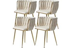 Tsuysi Velvet Dining Chairs Set of 4, Modern Dining Chair with Golden Metal Legs, Woven Upholstered Dining Chairs for Dining Room, Kitchen, Vanity, Living Room (Beige)