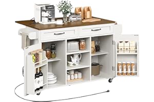 RALGEND Kitchen Island with Power Outlets & Drop Leaf, Kitchen Cart with Storage, Drawer and Spice Rack, Tower Rack, Island Table, White and Walnut