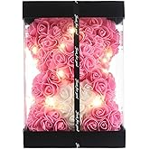 WINWISH Rose Flower Bear-Hand Made Rose Teddy Bear,Best Artificial Decoration Gifts for mom, Girls,Unique Birthday,The Perfect Party Clear Gift Box (Pink)