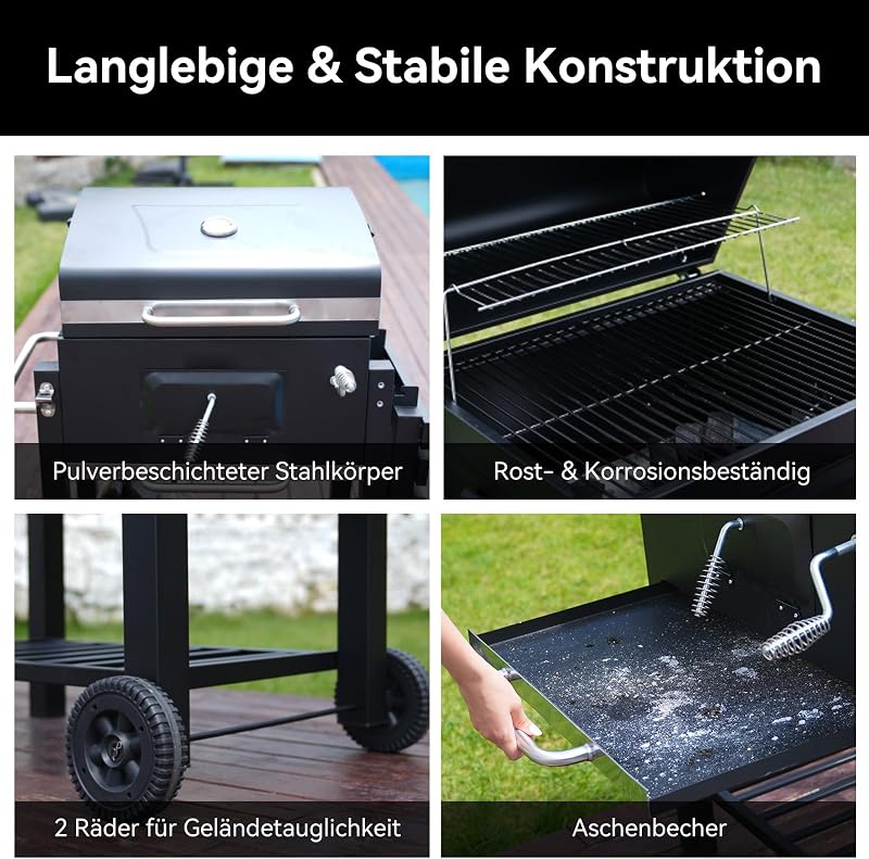 Holzkohlegrill, Grill mit Deckel, Grillfläche: 56×42.5 cm, Höhenverstellbare Kohlenwanne, Faltbarer Seitentisch, Mit Grillabdeckungen Wasserfest