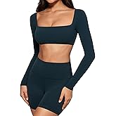 INGIA Womens Square Neck Long Sleeve Crop Top Workout Athletic Yoga Basic Tee Bandeau Fitted T-Shirt with Built in Bra
