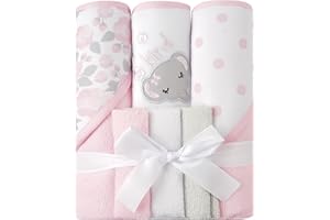 Viviland Baby Towels and Baby Wash Cloths Set Hooded Baby Towels Baby Wipes Absorbent Bath Face Towels Burp Cloths or Face Towels for Girl Boy 6-Pack Size 28 x 28 Inch(Elephant Flower)