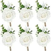 6 Pack Ivory White Rose Boutonniere for Men, Mens Boutonniere for Weddings, Rose Boutonniere for Groom and Best Man Wedding Ceremony Anniversary, Formal Dinner Party, Fall Vintage Rustic Marriage Prom