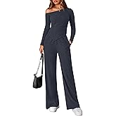PRETTYGARDEN Fall Two Piece Sets For Women 2026 Off Shoulder Tops Long Pants Knit Matching Lounge Set Airport Travel Outfits