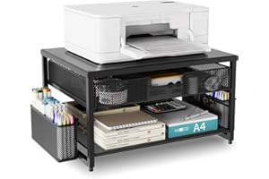 BOKIOVIN Metal Desktop Printer Stand with Storage Drawer & 2 Pen Holders,2 Tier Home Printer Riser Shelf for Desk with Paper 
