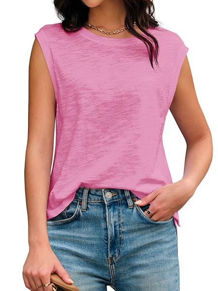 TANKANEO WOMENS SLEEVELESS TANK TOPS 2024 SUMMER TSHIRTS CREWNECK SOLID BASIC TEES PINK, XX-LARGE