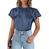 PRETTYGARDEN Business Casual Tops for Women Blouses Dressy 2026 Summer Short Sleeve Ruffle Satin Work Office Attire