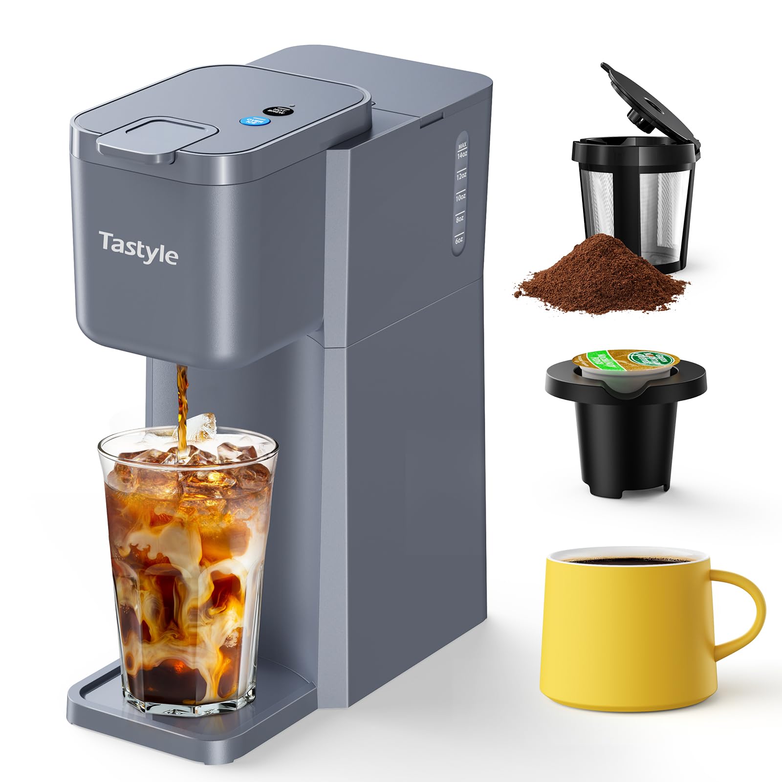 Photo 1 of Tastyle Mini Hot and Iced Coffee Maker Single Serve, for K Cup and Ground, 6 to 14 Oz Brew Sizes, with Recipe Book, for Home, Travel, RV, Office and Dorm, Elegant Gray