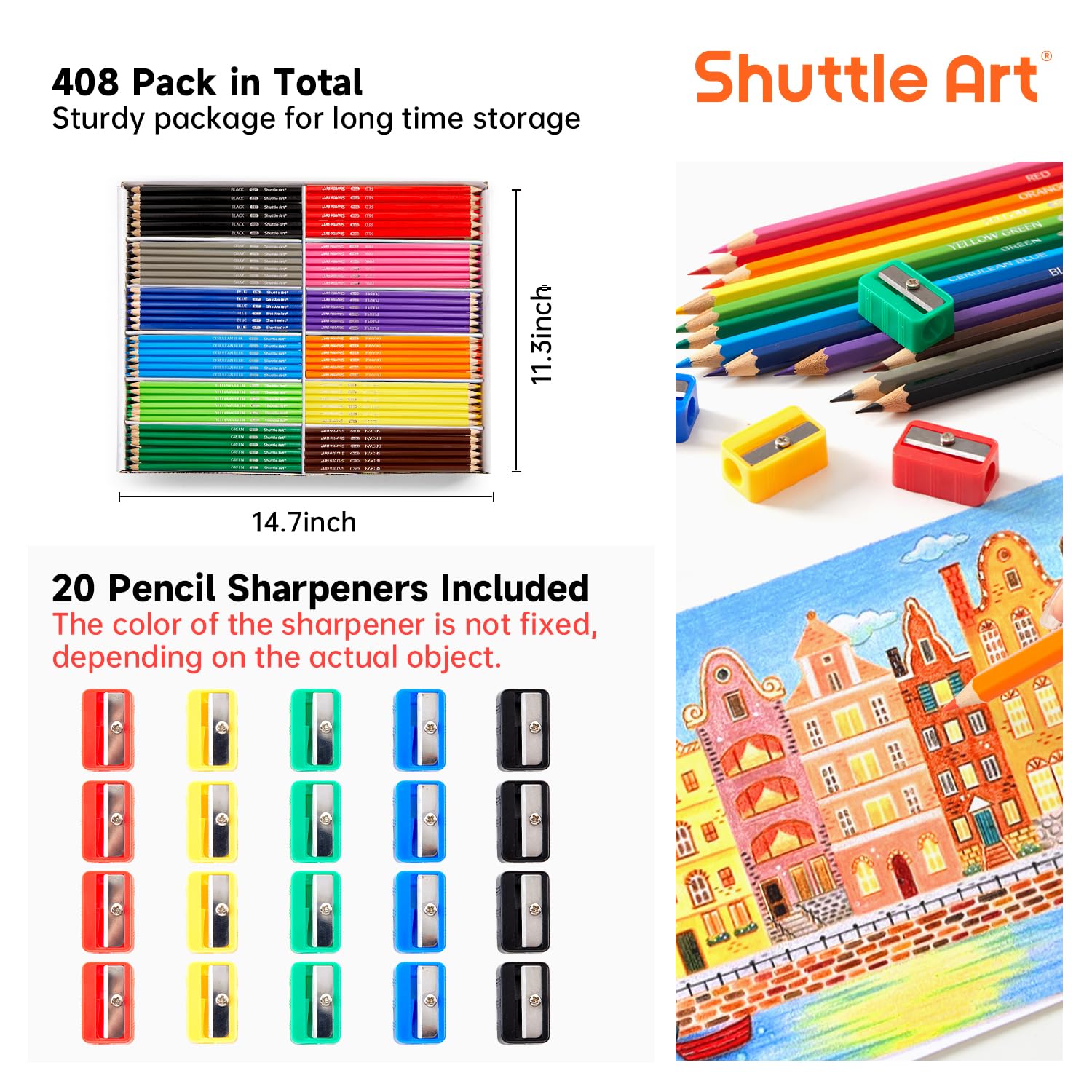 Shuttle Art Colored Pencils Bulk, 408 Pack Coloring Pencil Set Plus 20 Sharpeners, 12 Assorted Colors, Classroom Pack School Supplies