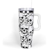 Whaline 40 oz Halloween Skull Tumbler with Straw and Lid Spooky Skull Flower Travel Coffee Tumbler Cup with Handle for Trick or Treat Birthday Party Gifts