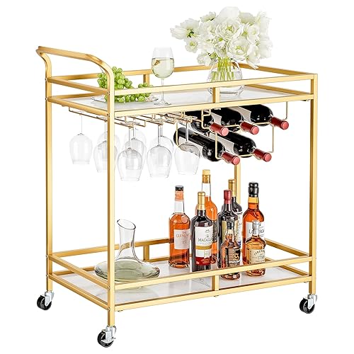 YORKING 2Tier Bar Cart, Gold Wine Cart with MDF Shelves, Home Bar