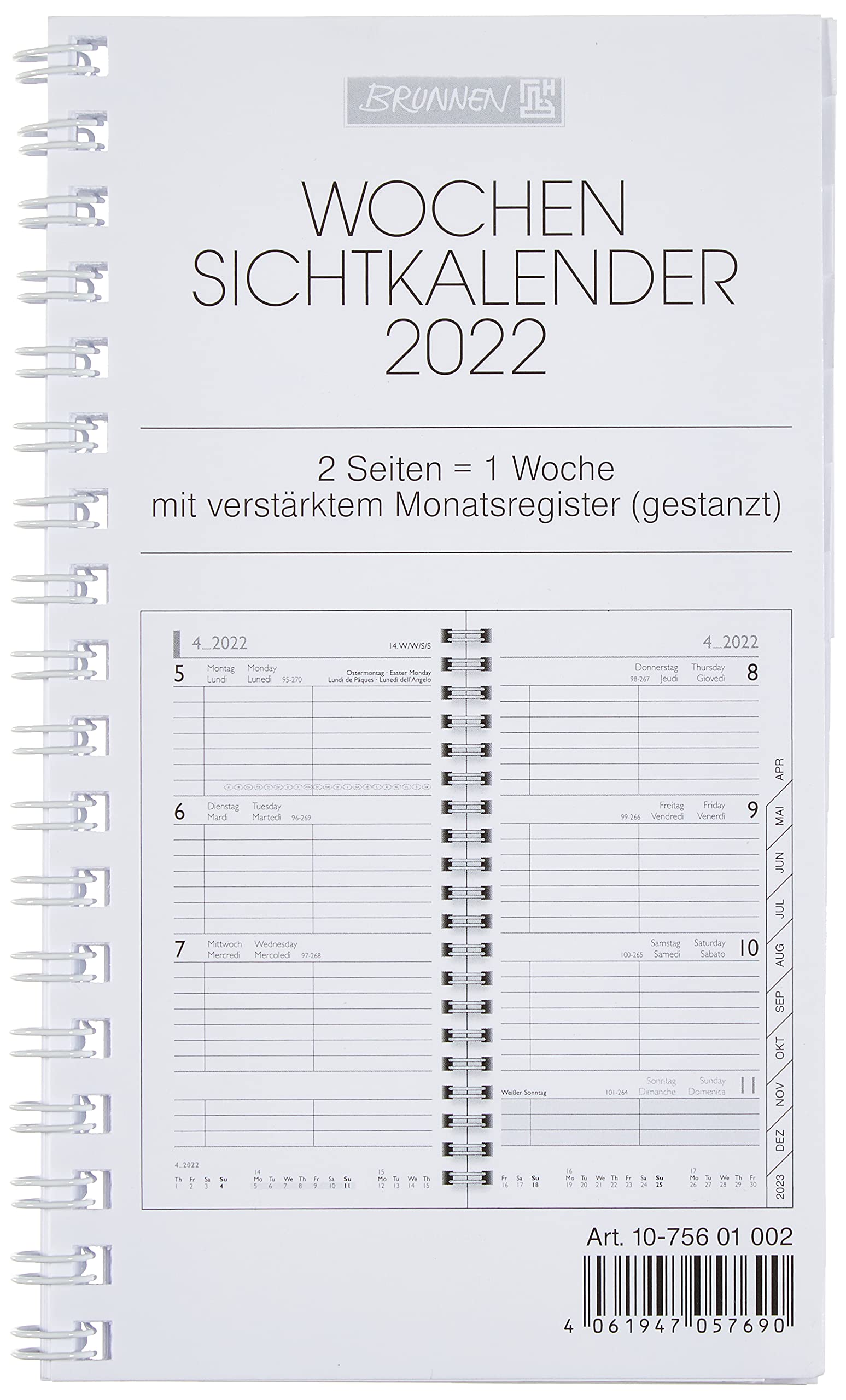 BRUNNEN 1075601002 Pocket Diary / Weekly View Calendar Calendar Model 756, 2 Pages = 1 Week, 8.7 x 15.3 cm, Cardboard Cover, Calendar 2022, Wire-O Binding