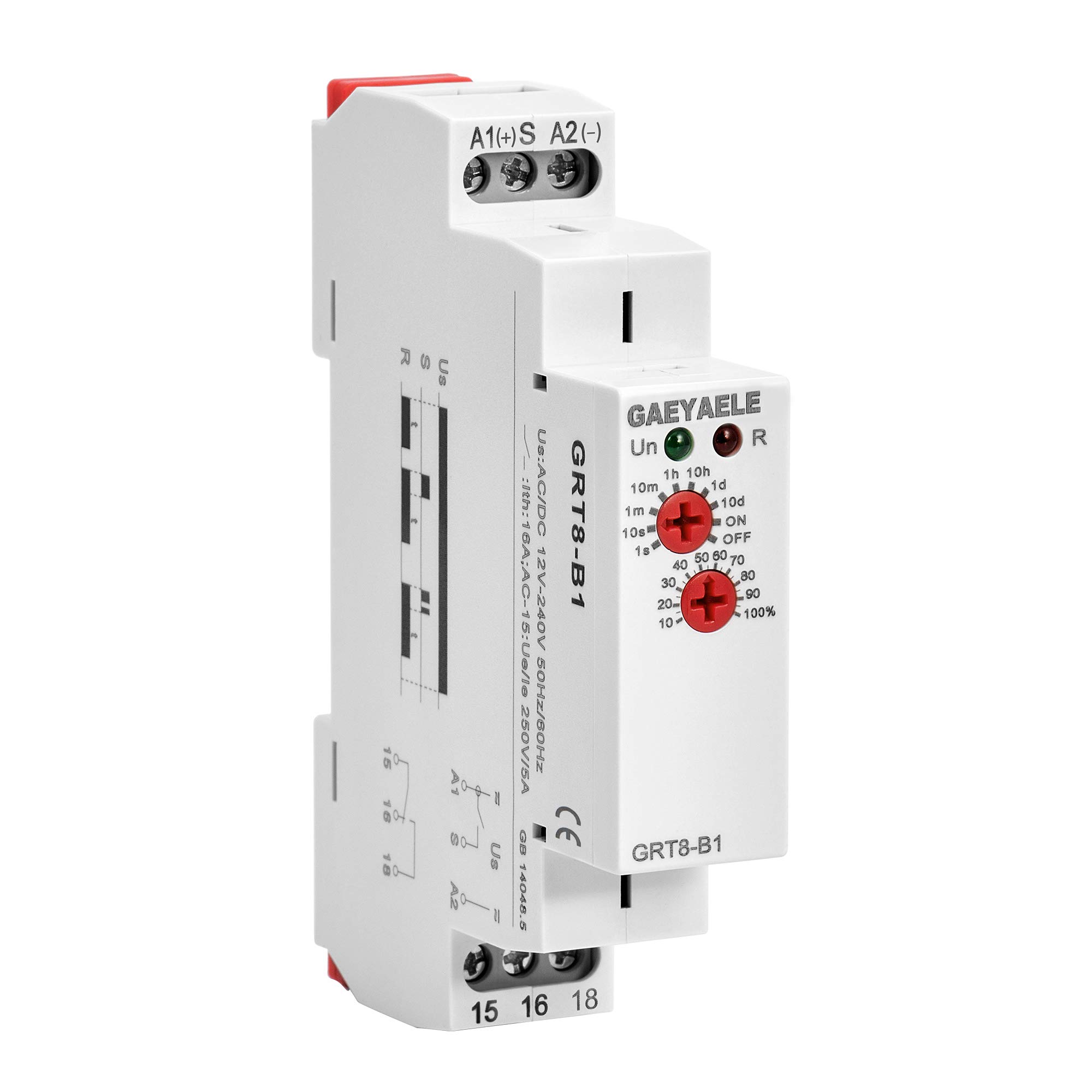 GAEYAELE Delay Off Time Relay 16A 1SPDT Electronic Adjustable Single Function Timer Delay Relay Din Rail Modular(GRT8-B1,AC/DC12V-240V)