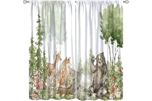 FOCUSBRITE Kid Forest Animal Curtains, Woodland Fox Elk Bear Watercolor Print for Nursery Bedroom Living Room, Rustic Wild Window Drapes Set 2 Panels, 42x45 Inches