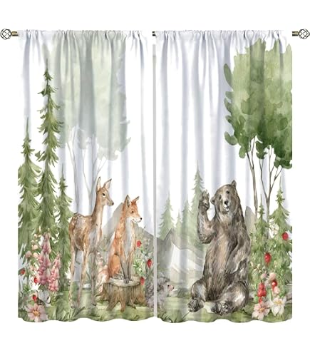 Kids Forest Animal Curtains - 2 Panels, 42x45 Inch, Cartoon Bear Deer Fox, Nursery Bedroom Blackout Curtains