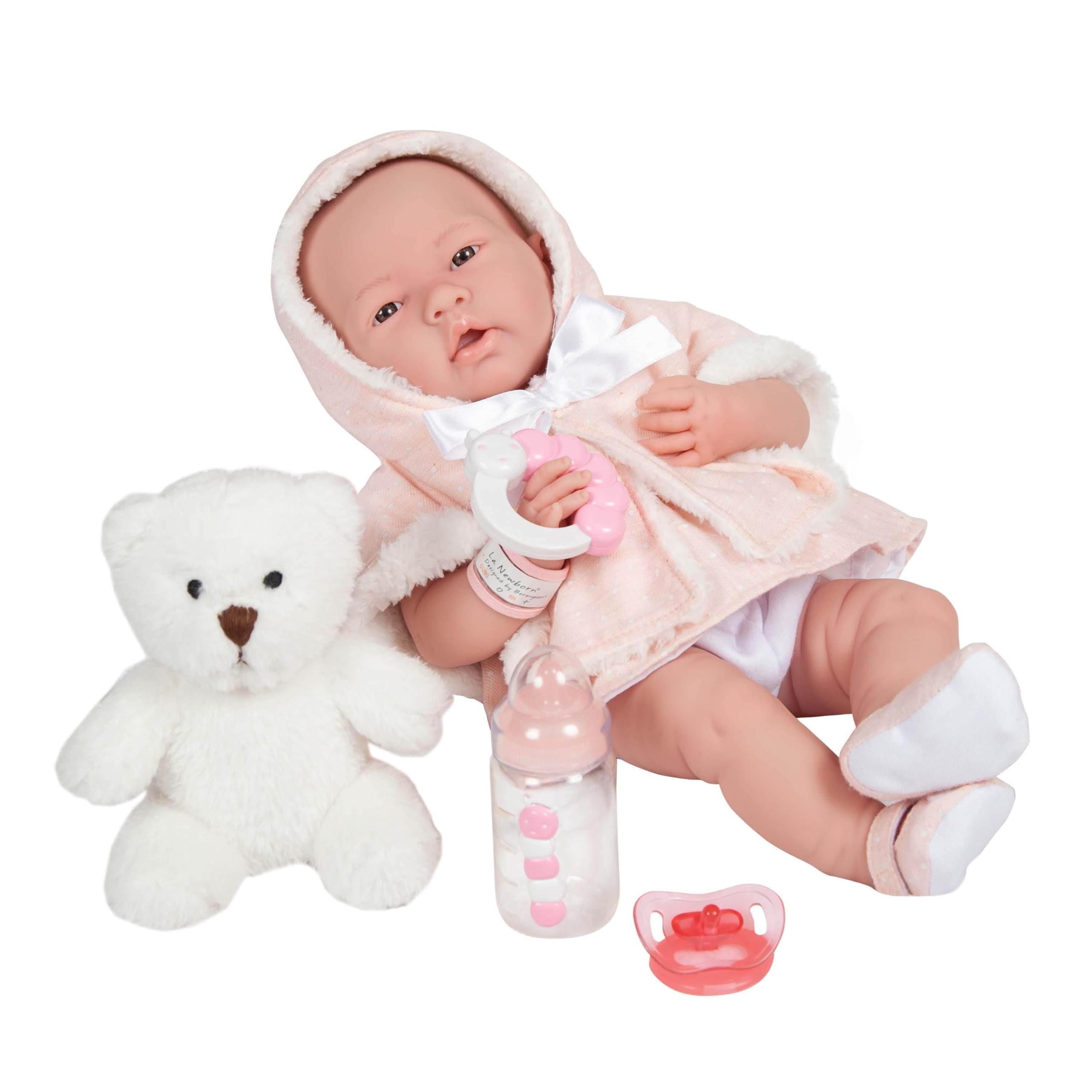 JC Toys All-Vinyl La Newborn Doll in Pink Coat and Outfit w/Animal Friend & Accessories. Real Girl!, White - Pink (18065) Image