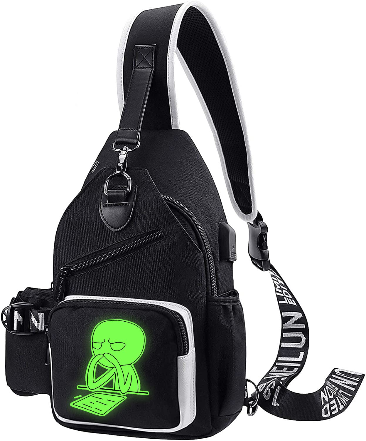 Xinveen Luminous Sling Bag Cross Body Shoulder Backpack Multifunction Chest Bag with USB Charging Port for Men Boys Travel Sports Thinking
