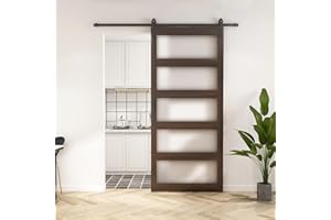 BARNSMITH 42in x 96in Glass Barn Door and 7FT Sliding Door Hardware Included, 5-Panel Frosted Glass Sliding Barn Door, Solid Wood Covered with Water-Proof PVC Surface, Easy Assembly, Brown