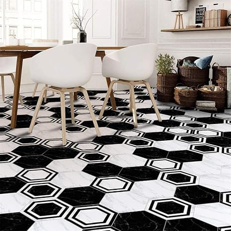 Amazon ヘキサゴンフロアタイルステッカー ヨーロッパの黒と白の六角形 幾何学模様 タイルステッカー 浴室 キッチン バックスプラッシュ ホーム壁装飾 壁紙 タイル壁用ステッカー デカール 10枚 セット ウォールステッカー オンライン通販