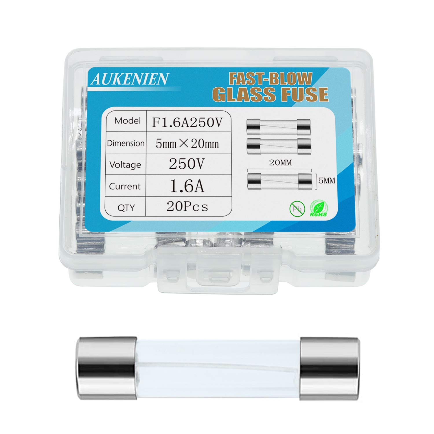 AUKENIEN 1.6A 250V Fast Blow Glass Fuse F1.6AL250V 1.6Amp 250 Volt Fuses 5x20 mm Multiple Values (Pack of 20)