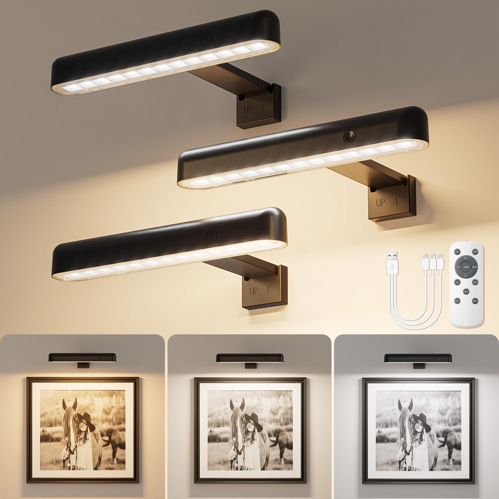 Photo 1 of VOLISUN Picture Lights for Wall, Rechargeable Picture Light Battery Operated, 3 Color Temperatures Cordless Picture Light with Remote, Art Lighting for Paintings, Gallery, Portrait, 3 Pack (Black)