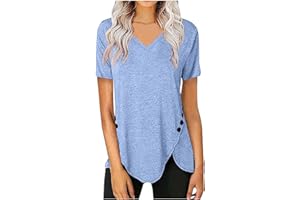BILQIS V Neck Tops for Women Work Casual Button Down Shirts Short Sleeve Tees Solid Color Basic Tunic Business Trendy Pullover