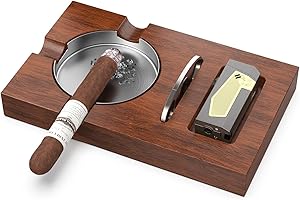 MOJGAR Wood Cigar Ashtrays for Outdoors, Indoor Home Office Use, Cigar Ashtray for Outside Patio,with 3 Slot Cigar Holder,Cigar Cutter Set, Cigar Ashtrays Cigar Accessories Set Gift for Men Dad
