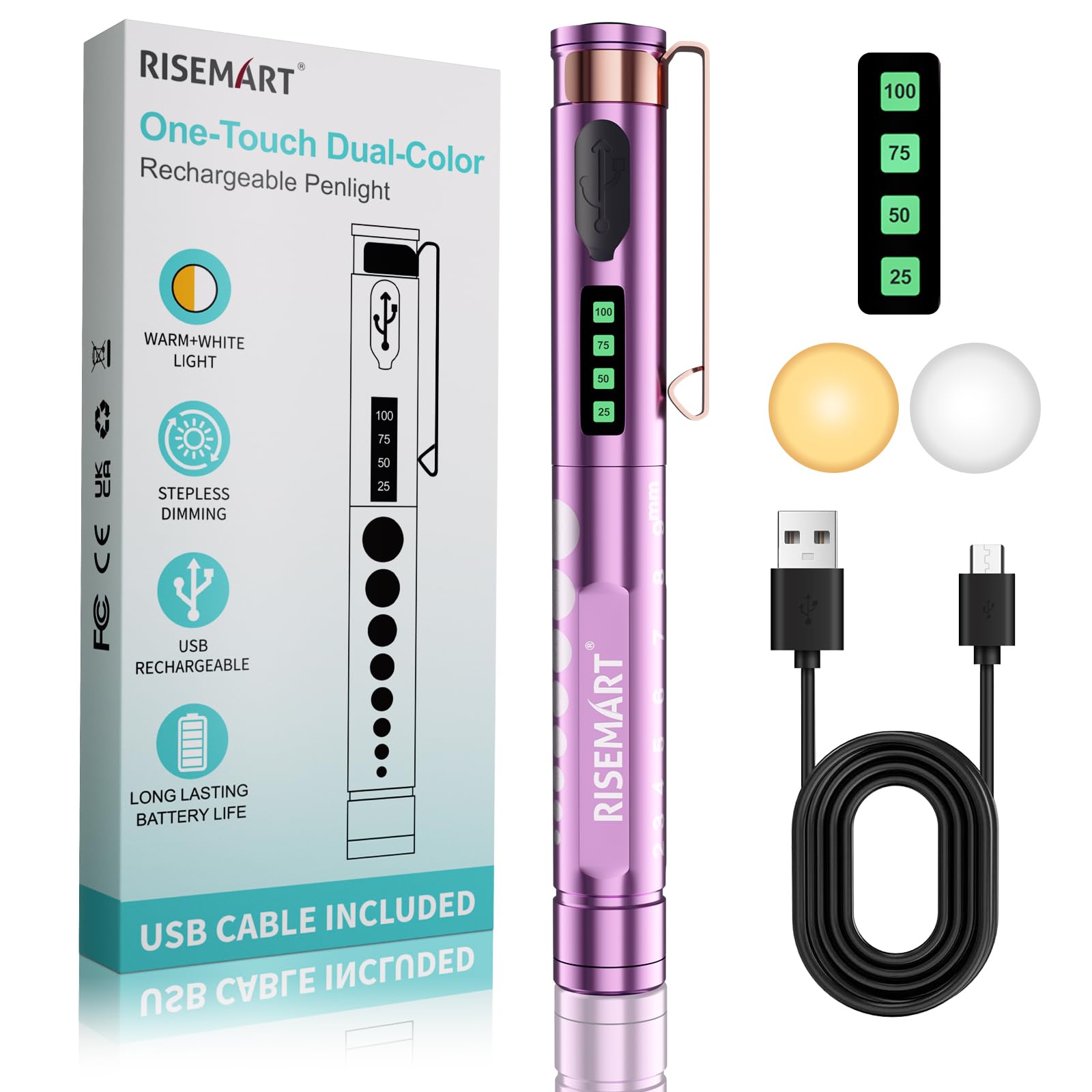 Photo 1 of **NON FUNCTIONAL** RISEMART Pen Lights for Nurses, Rechargeable LED Medical Penlight with Power Display, Warm/Cool Light, Stepless Dimming, Portable Design for Doctors Nursing Students Exams First Aid EMT ERs (Purple)