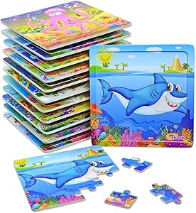Vileafy Wooden Jigsaw Puzzles for Kids Age 3-5 Years Old, Animals Preschool Puzzles Party Favors for Girls & Boys, 12-pack with Individual Storage Tray & Organza Bag