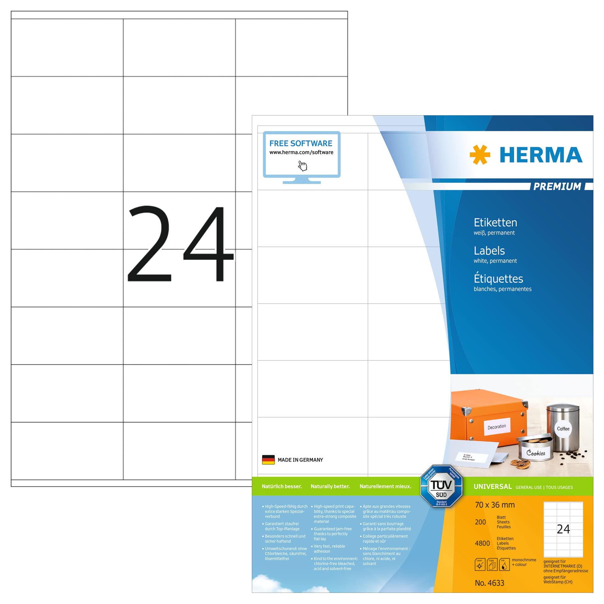 HERMA Self Adhesive Address Labels, 24 Labels per A4 Sheet, 200 Sheets, 70 x 36 mm, 4800 Labels, Blank Mailing Labels Stickers, Sticky Labels for Laser & Inkjet Printer, White