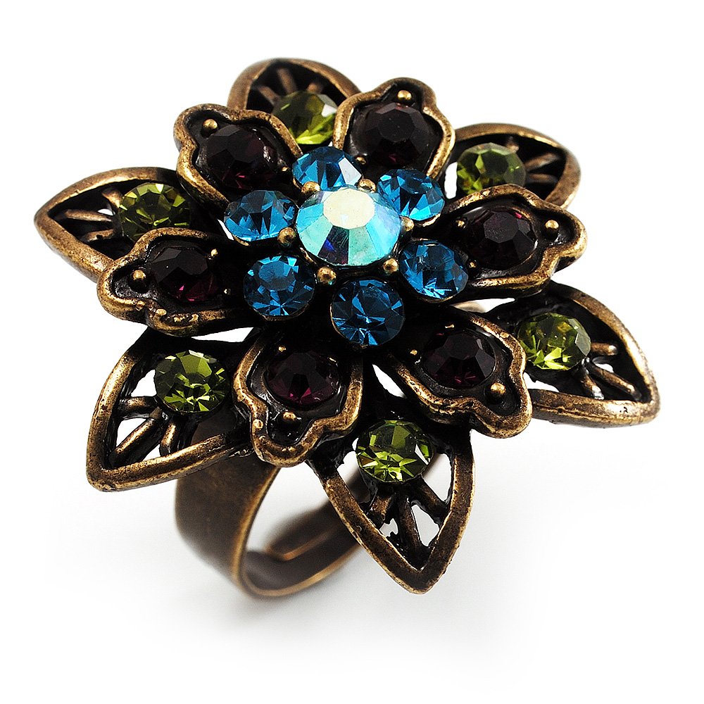 Avalaya Vintage Inspird Crystal Flower Cocktail Ring/Bronze Tone/ 32mm D/Adjustable