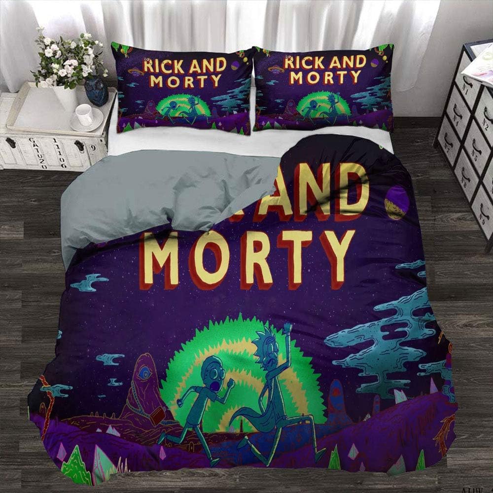 ZLMQWANXX Rick and Morty Bedding 3-Piece Queen Bed Sheets Set, Rick and Morty Duvet Cover Kids Light Weight Ultra Soft and Breathable Comforter Cover (EU Super King 260cmx220cm)