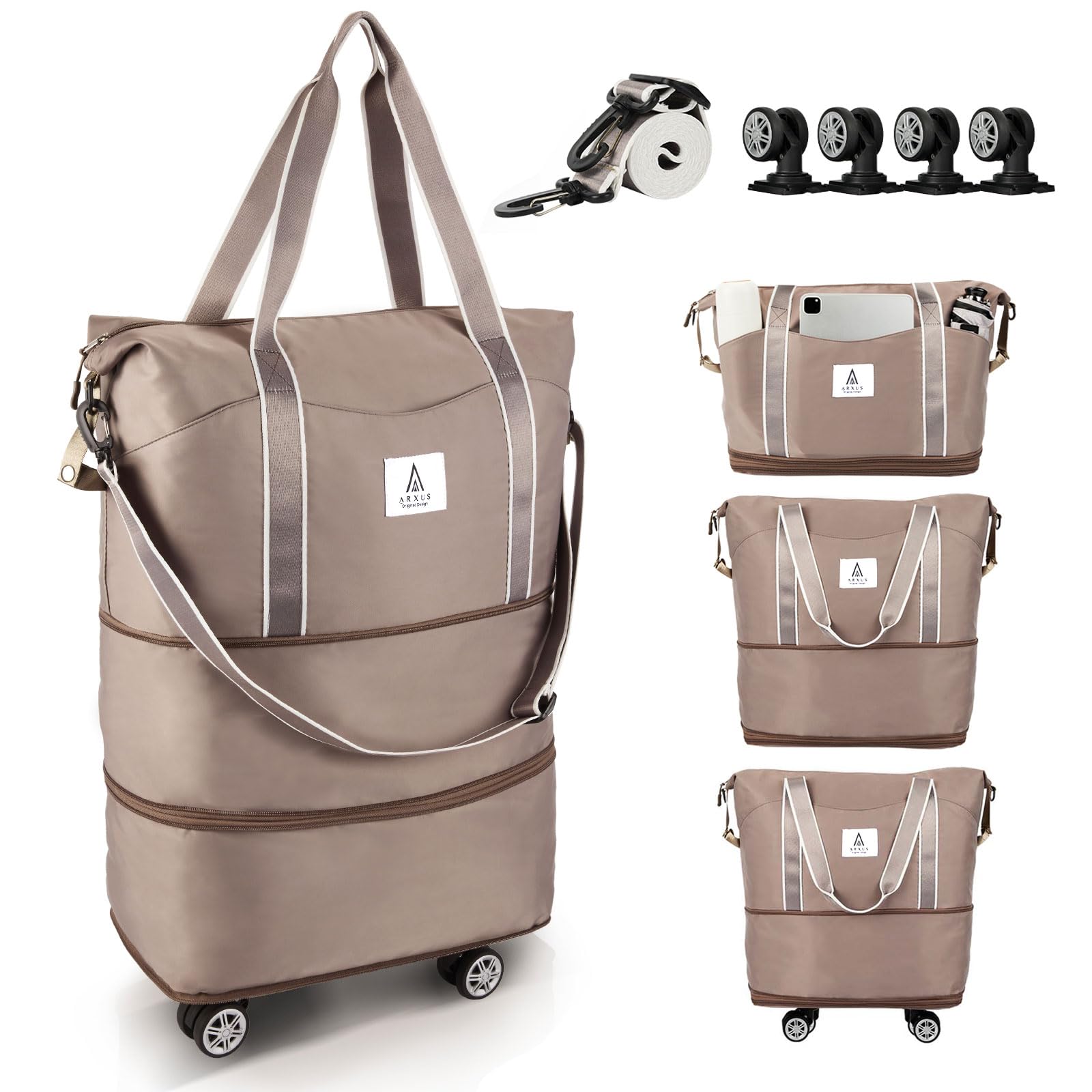 Photo 1 of Arxus Rolling Duffle Bag with Detachable Wheels and Adjustable Shoulder Strap, Large Expandable Foldable Carry On Luggage Bag with Handle and Suitcase Sleeve, Weekend Travel Airplane 25L-55L
