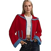 Ythomm Womens Scallop Lapel Collar Knit Cardigan Sweaters Color Block Long Bell Sleeve Open Front Fall Sweaters with Pockets