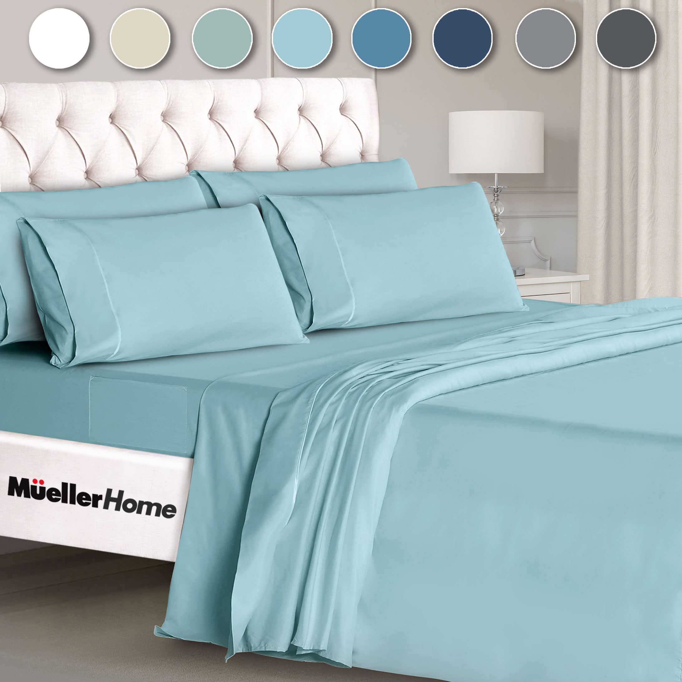 Photo 1 of Mueller UltraTemp King Size Sheets Set – 6 Piece Premium Bedding, Silky Soft 1800 Thread Count, Cooling, Deep Pocket up to 16", Breathable Heat Transfer, Wrinkle-Resistant & Hypoallergenic, Aqua