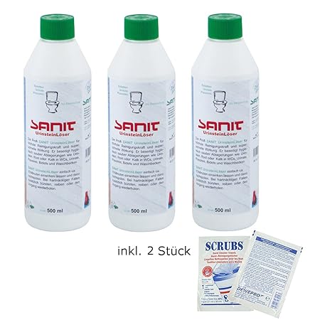 SANIT - Urinsteinlöser - der kräftige Urinsteinentferner - VPE: 3 Flaschen a' 500ml (3031) - im Set inkl. 2 St. DEWEPRO® Sing