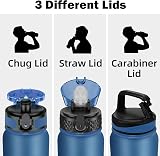 OLDLEY 1L Stainless Steel Water Bottle with 3 Lids Blue Black Vaccum Insulated view 2