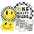 Whaline 96 Pcs One Happy Dude Birthday Party Decorations One Happy Dude Party Tableware Smile Face Plates Napkins Cups 1st Birthday Disposable Paper Dinnerware for 24 Guests Party Supplies Table Decor