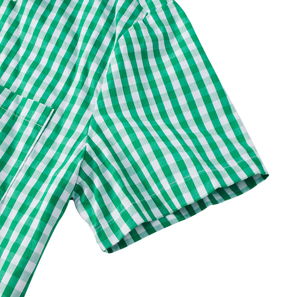 RAISEVERN Spring Autumn Mens Beer Party Plaid Shirts Spandex Casual Short Sleeve Soft Comfort Slim Fit Check Shirt Male Clothes, L, Green Plaid