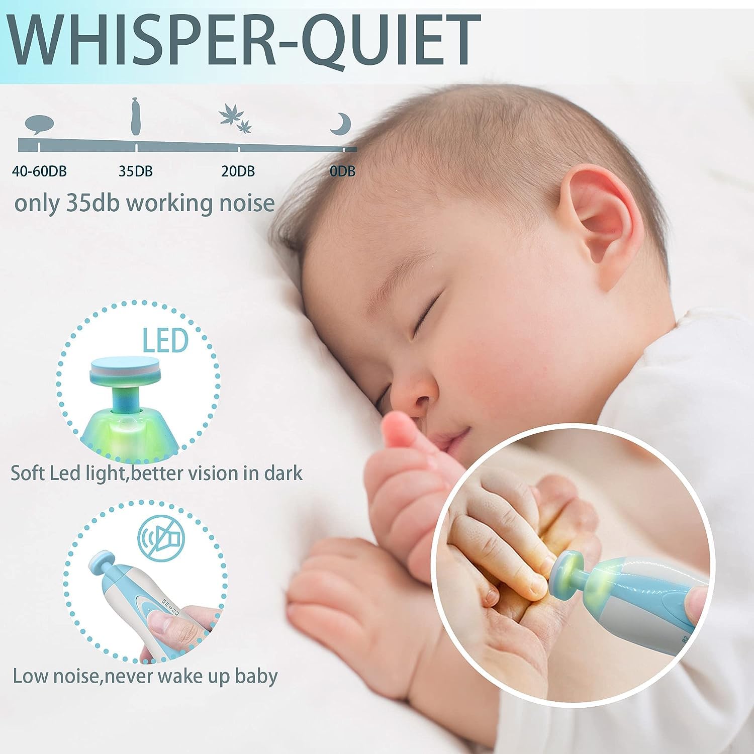 Baby Nail File Electric Nail Trimmer File Manicure Set, Toes Fingernails Care Trimmer with LED Light for Newborn, Kids and Adults