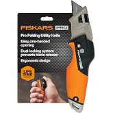 Fiskars Pro Folding Utility Knife, Dual-Lock, 4.5" Folded Size | Ergonomic Box Cutter Tool, Long-Lasting CarbonMax Razor Blade, Flip-Open Design, Dual-Locking System for Safety