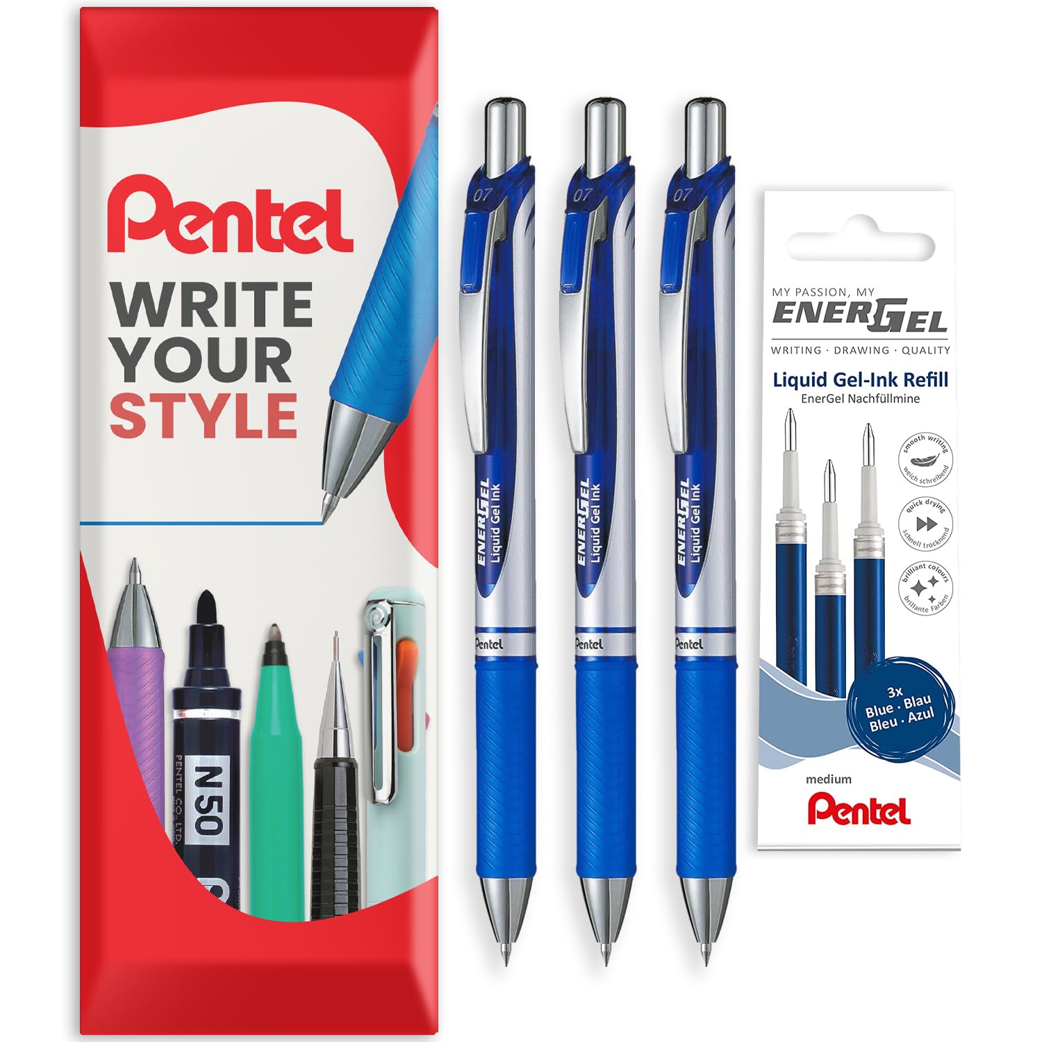 Pentel EnerGel XM BL77 - Retractable Liquid Gel Ink Pen - 0.7mm - 54% Recycled - In Envelope Gift Packaging - Pack of 3 Pens + 3 Refills (Blue)