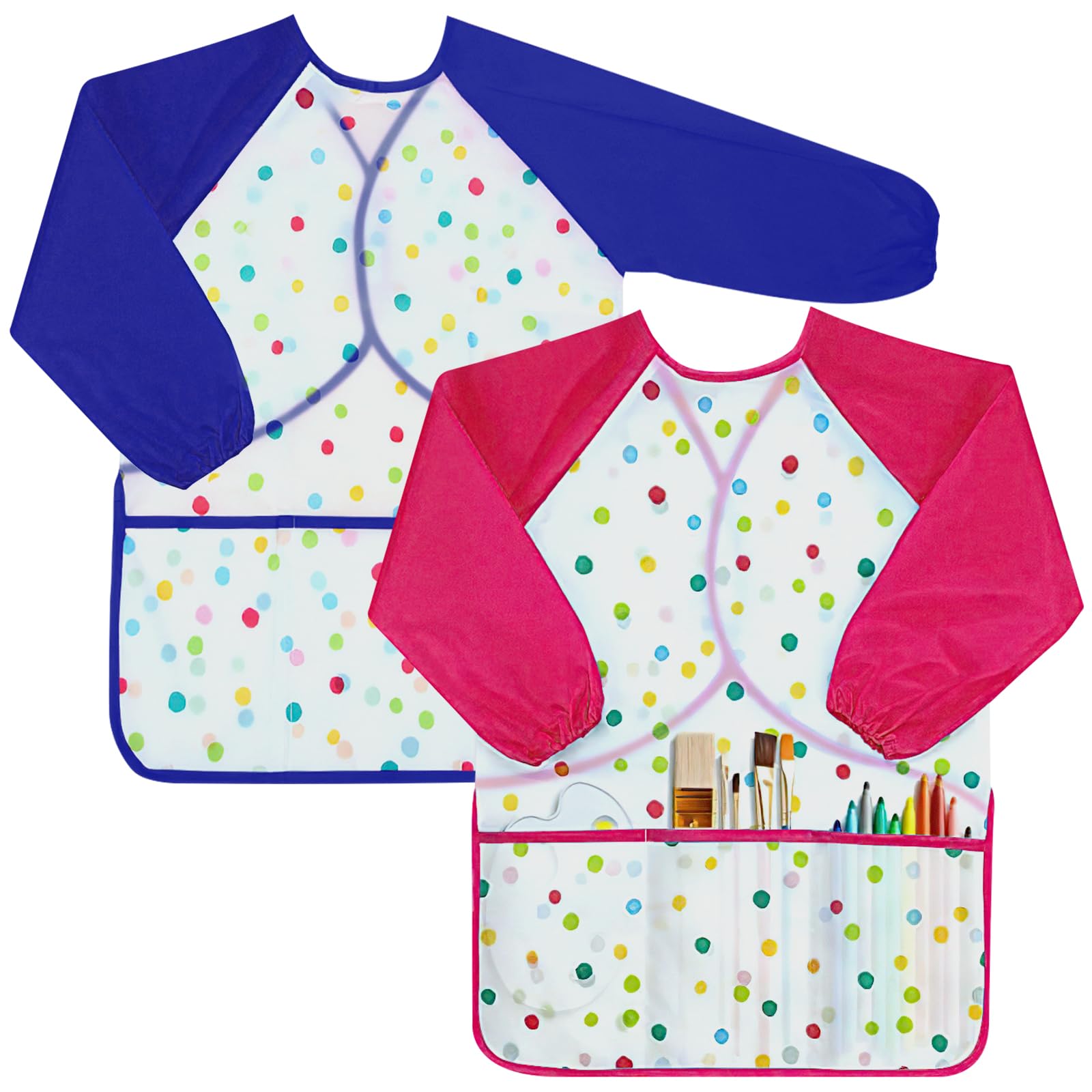 YAKLEE Kids Art Aprons 2Pcs Waterproof Painting Aprons for Kids Long Sleeve Kids Aprons Children's Painting Aprons with 3 Roomy Pockets, Toddler Painting Aprons for Craft Painting Cooking