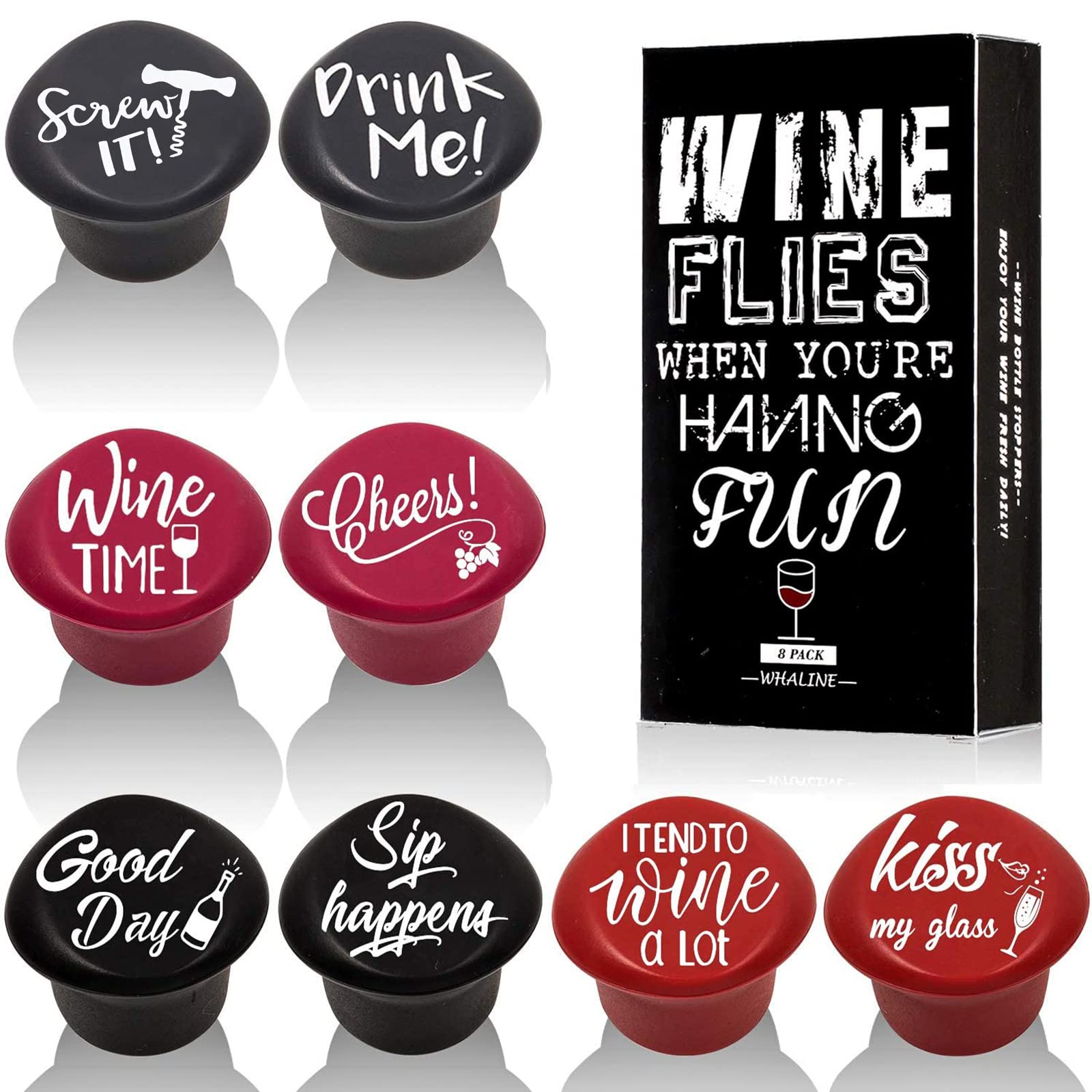 Whaline 8 Pack Christmas Wine Bottle Stoppers and Gift Box, Funny Silicone Reusable Caps Bottle Sealers with a Funny Saying for Wine Beverage and Beer Bottles (Purple, Red, Grey, Black)