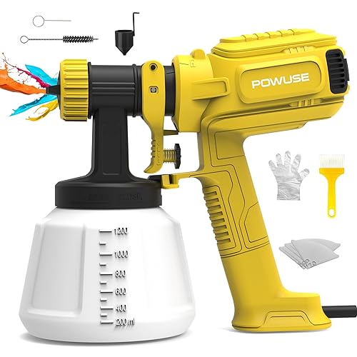 800W HVLP Paint Spray Gun, Ultra-Light Electric Paint Sprayer w/1200ML Container, 4 Nozzles, 3 Patterns, Fence Paint Sprayer for Walls, Ceilings, Sheds, Decks, Furniture, Cabinets, DIY (Yellow)
