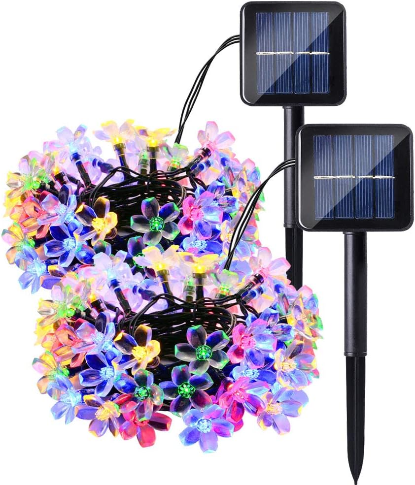 Lyhope Solar Christmas Lights, 22ft 50 LED Cherry Blossom Waterproof Solar Powered Flower Lights for Garden Patio Yard Holiday Party Outdoor Decorations (Multi-Color, 2 Pack)