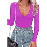 SAUNGKUAI Women's Plunge Deep V Neck Long Sleeve Bodysuit Double Lined Thong Body Suit Shirt Tops