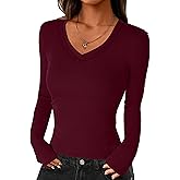 Darong Women's V Neck Long Sleeve Slim Fitted Soft Layering Basic Shirt 2025 Fall Going Out Tops 9228 Red S