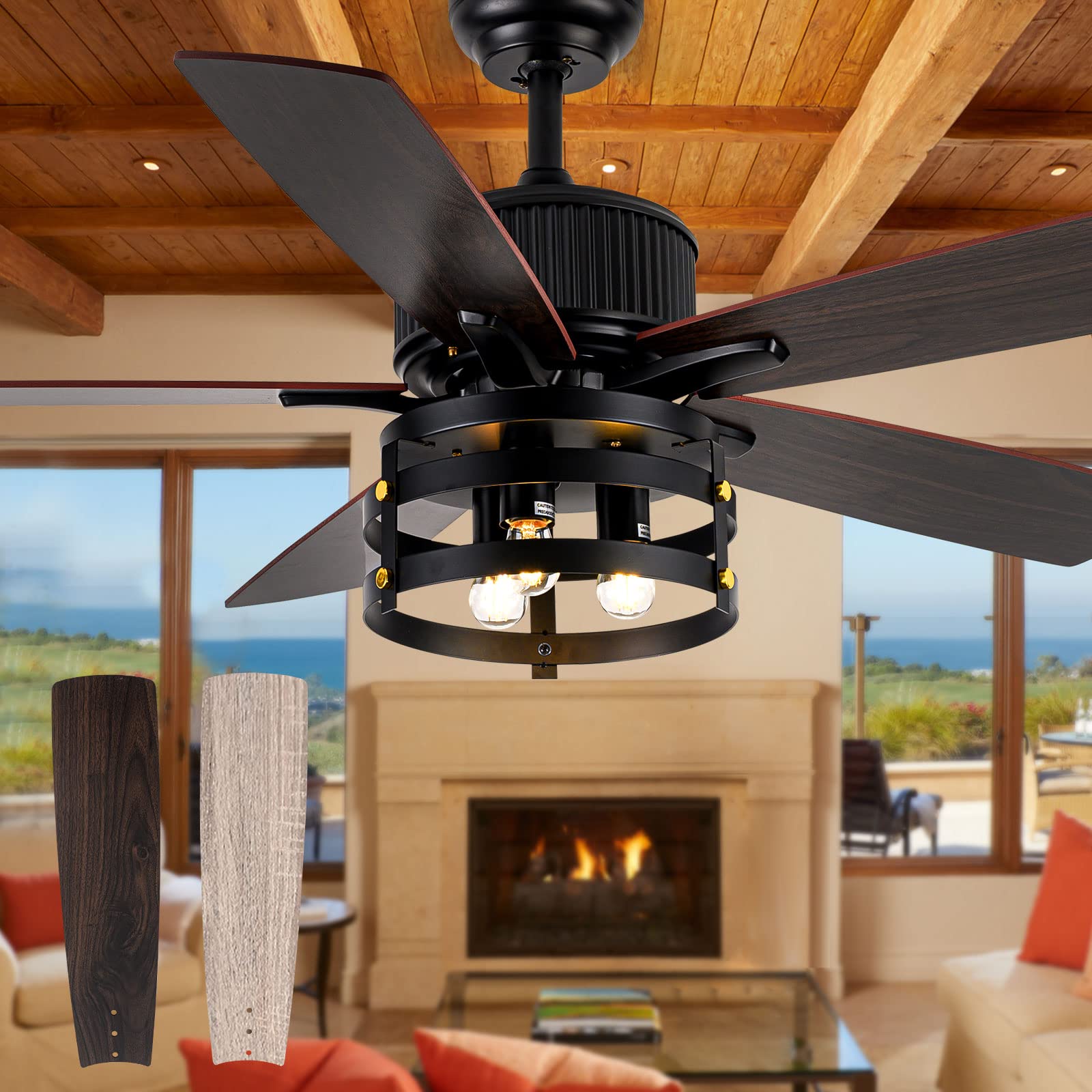 Photo 1 of Farmhouse Rustic Ceiling Fan with Lights, 52 Inch Industrial Ceiling Fan Outdoor Ceiling Fan for Patio, Large Airflow Reversible Dual Finish Blades Rustic Ceiling Fan for Indoor with Timing ?Function